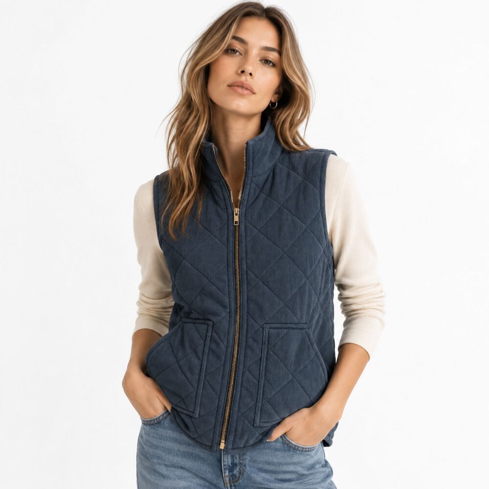 Wishlist Navy Bluw Quilted Corduroy Vest Puffer Country Club Fisherman NEW M